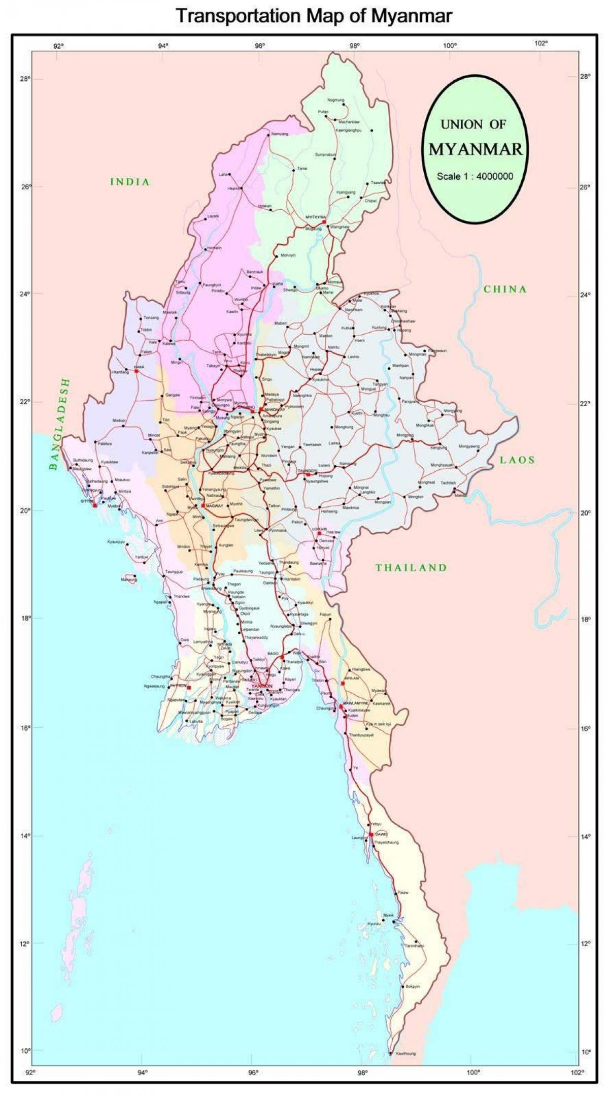 Myanmar carretera mapa